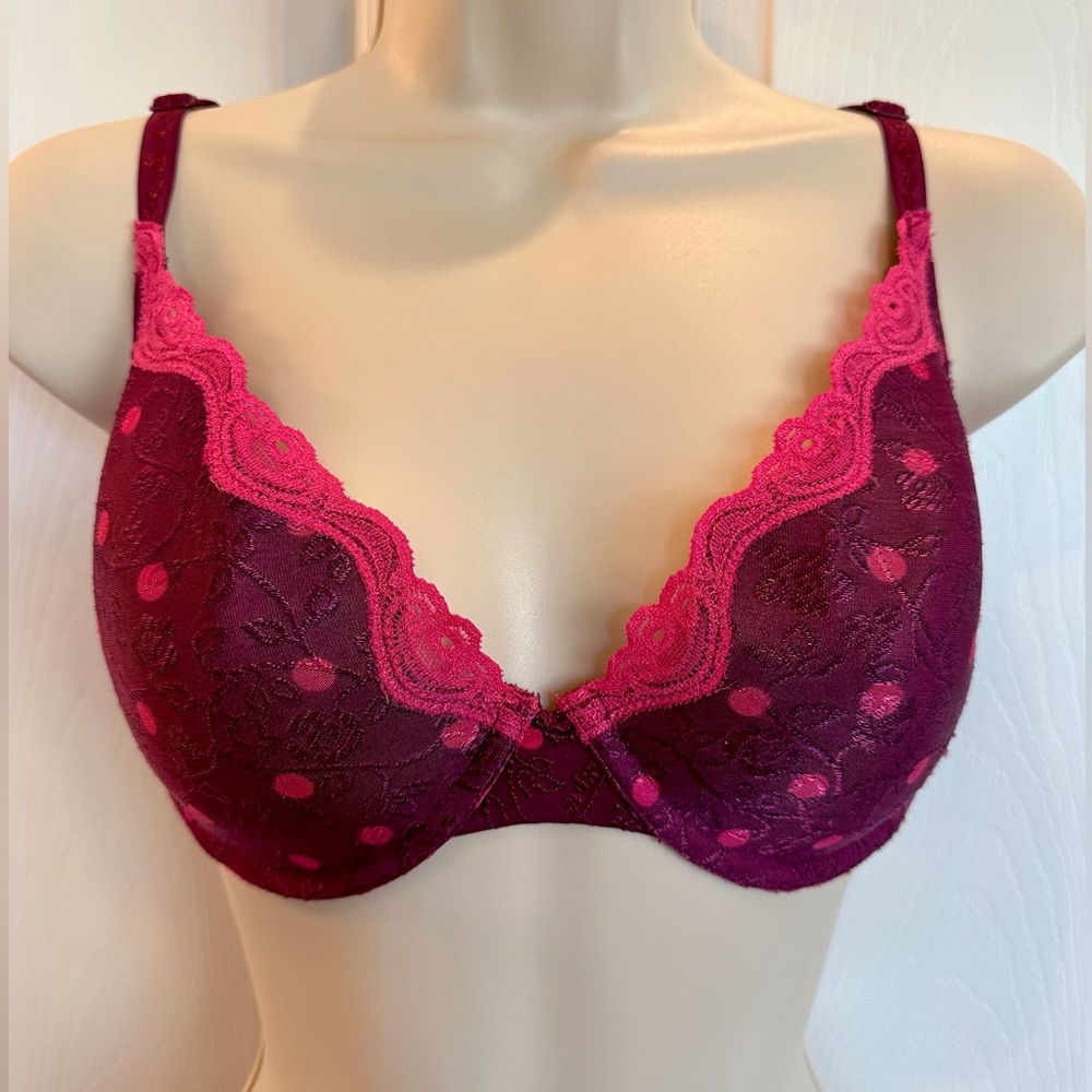 Maidenform | 36D | Purplish/Burgundy underwire bra w/pink lace/polka dots | EUC